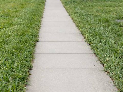 The same walkway at its full width again, with a sharp cut edge down both sides and the lawn mown level.
